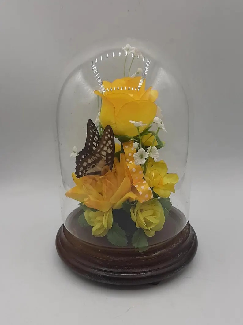 Vintage Butterfly W/silk Flowers Under Glass Dome Cloche Silk Flowers Wood Base - Etsy | Etsy (US)