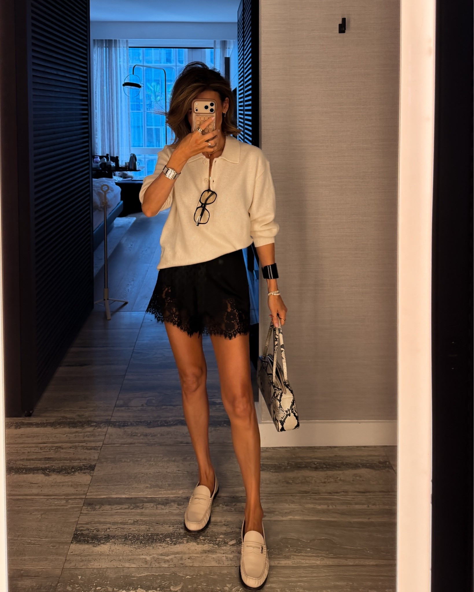 Shopping day in the city! Silk and lace shorts xs, oversized cashmere polo sweater xs - comfiest loafers to walk around in!

#LTKgrwm #LTKootd #LTKNYFW