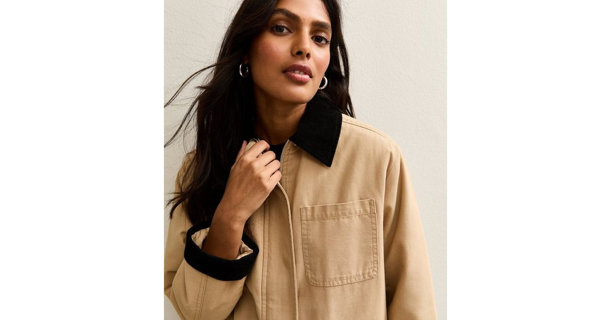 Stone Contrast Collar Midi Barn Jacket | New Look | New Look (UK)