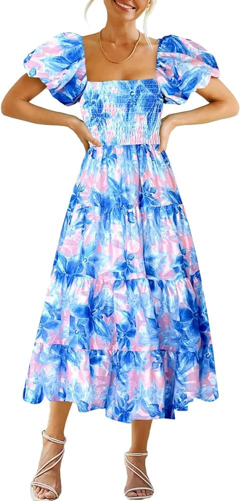 GOLDSTITCH Women's Smocked Maxi Dress Square Neck Ruffle Hem Puffy Short Sleeve Flowy Midi Dress | Amazon (US)