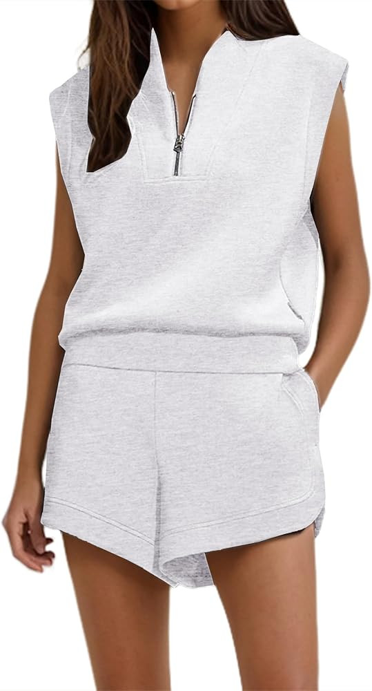 Women Two Piece Outfits Half Zip Sweatshirt Shorts Set Cap Sleeve Sweatshirt High Drawstring Wais... | Amazon (US)