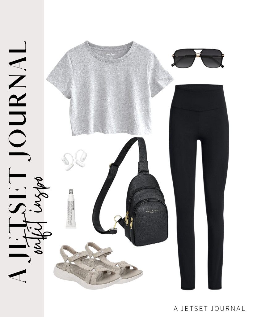 This gray short-sleeve tee and comfy leggings are perfect for your daily activities. I love how this compact crossbody sling bag, Skechers sport sandals, square sunnies, and a coat of conditioning lip balm finish the presentation. 

#LTKSeasonal #LTKSaleAlert #LTKTravel 

 