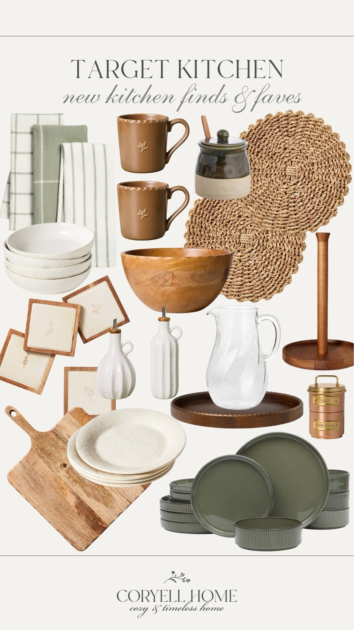 Neutral and green kitchen favorites from Target! How pretty are these finds for a cozy, curated kitchen or dining room? I love the brown mugs, woven textures, and pops of muted green. 🤎🙌🏻