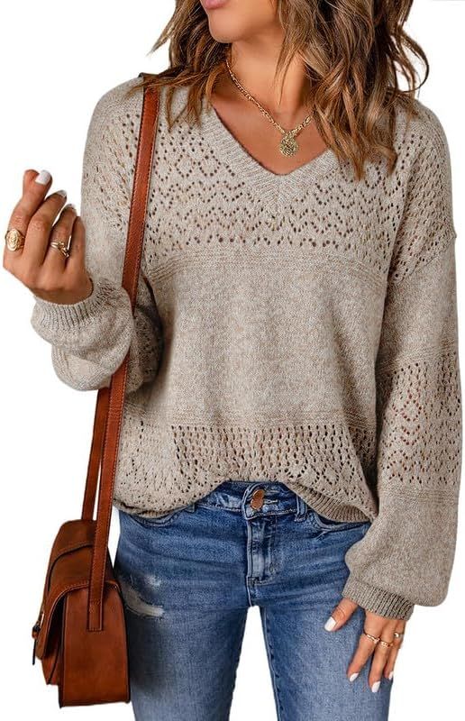 SHEWIN Womens Sweaters Casual Long Sleeve V Neck Lightweight Crochet Pullover Sweater Tops | Amazon (US)