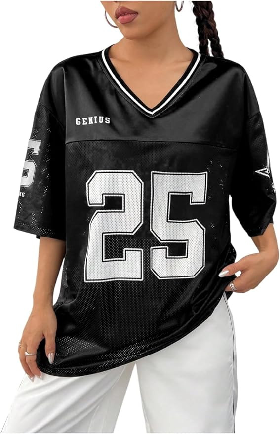 SOLY HUX Women's Y2k Baggy T-Shirts V Neck Half Sleeve Sportswear Tees Jersey Top Streetwear | Amazon (US)