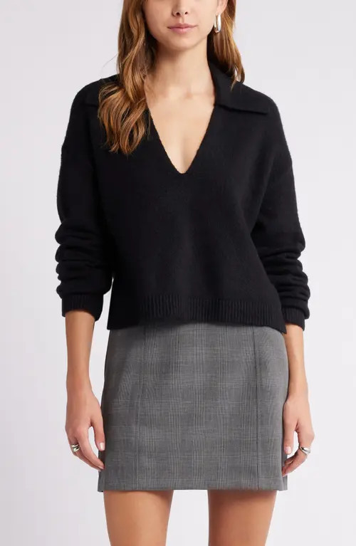 Open Edit Johnny Collar Boxy Crop Sweater in Black at Nordstrom, Size Xx-Small | Nordstrom