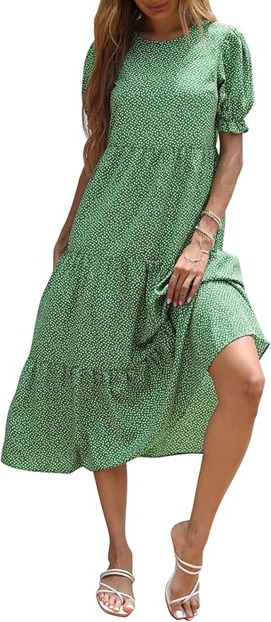 PRETTYGARDEN Women's Summer Casual Boho Dress Floral Print Ruffle Puff Sleeve High Waist Midi Bea... | Amazon (US)