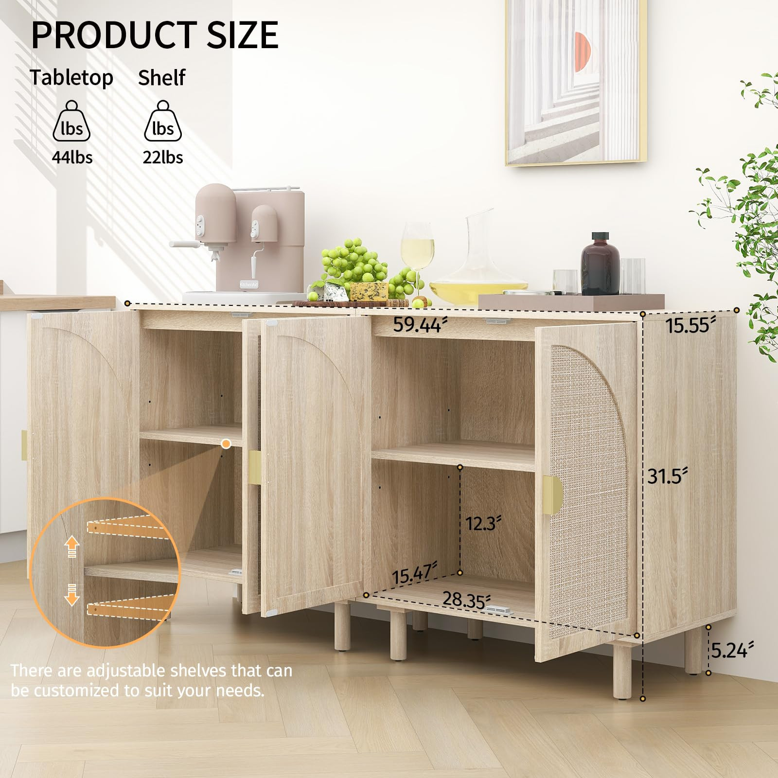 Rattan Buffet 2 Door Cabinet with Storage, Sideboard Storage Cabinet with Solid Pine Legs, Accent... | Amazon (US)