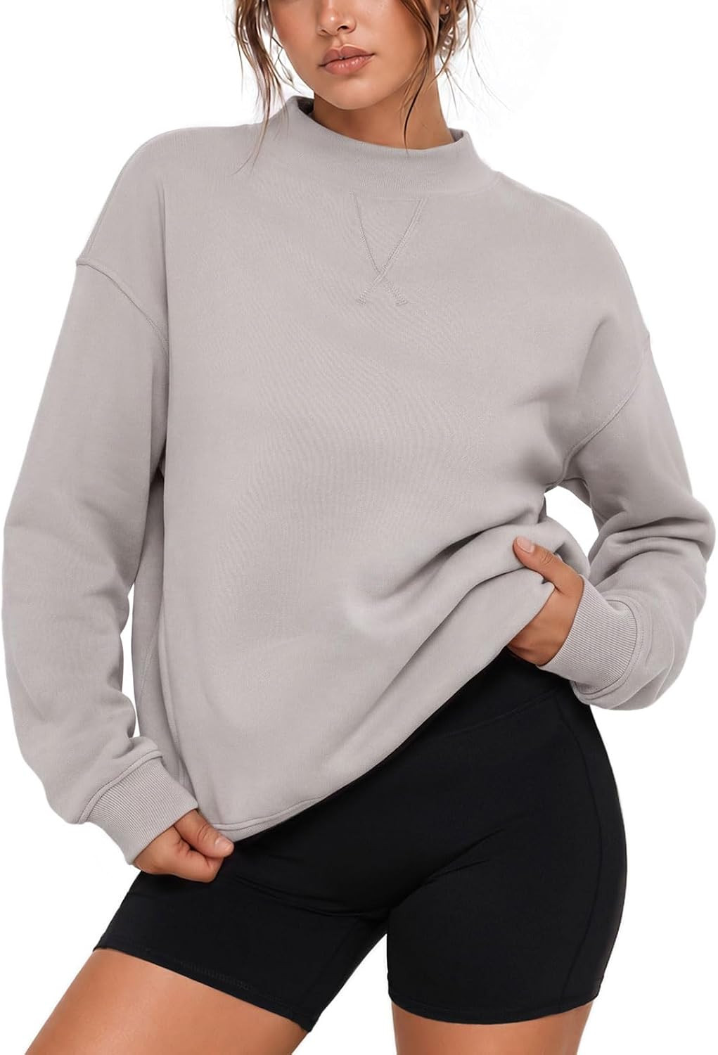 SUUKSESS Women Cotton Mock Neck Sweatshirts Oversized Long Sleeve Pullover | Amazon (US)