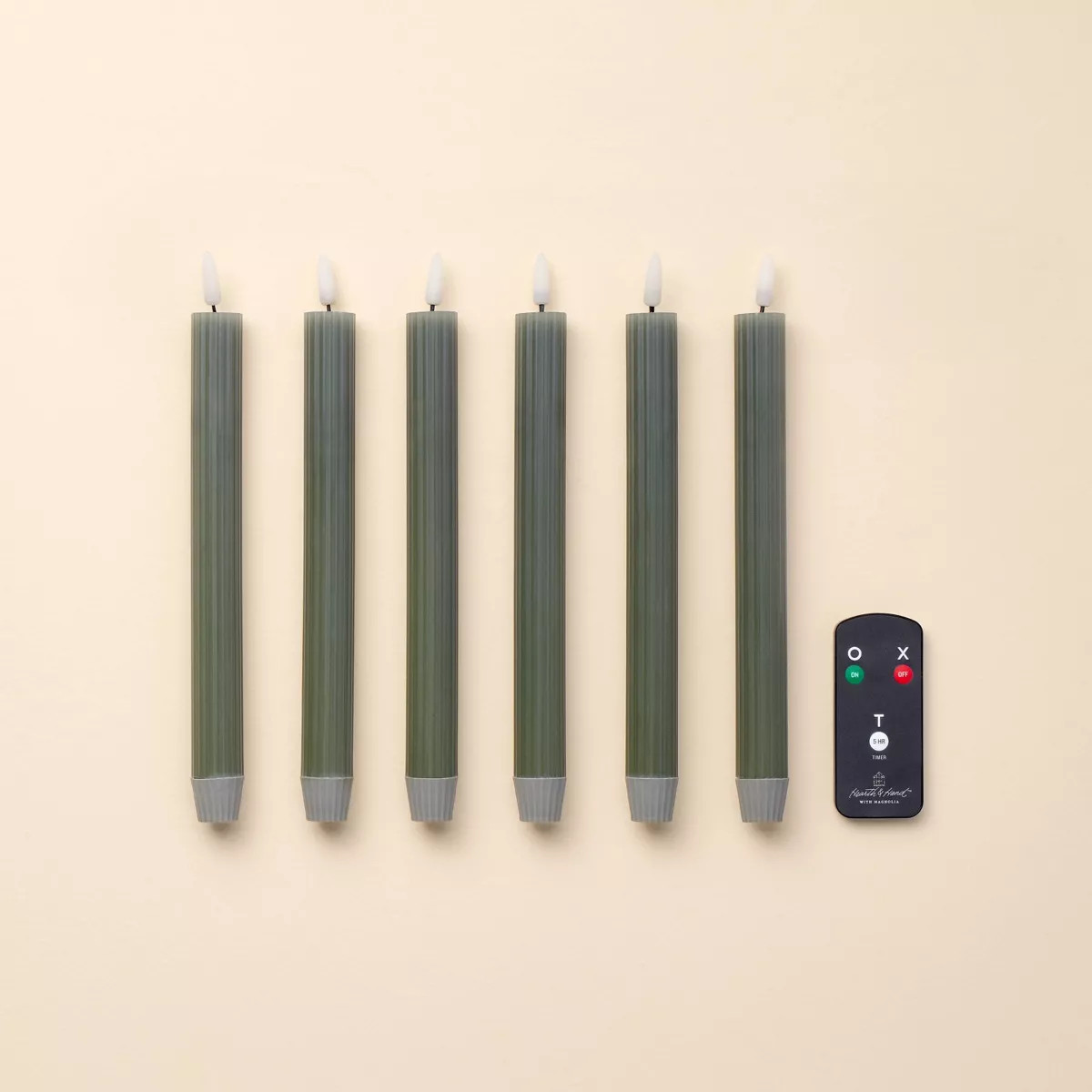 6pk Ribbed Flameless LED Taper Candles Green - Hearth & Hand™ with Magnolia | Target