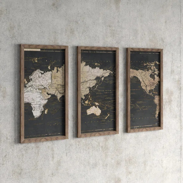 World Map In Gold And Gray by Elizabeth Medley - 3 Piece Picture Frame Graphic Art | Wayfair North America