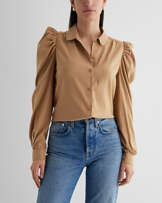 Satin Puff Shoulder Long Sleeve Portofino Shirt | Express