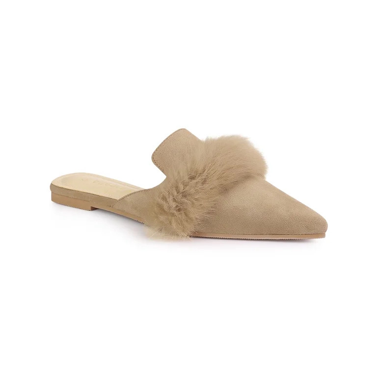 Allegra K Women's Shoes Soft Fur Decor Pointed Toe Slip on Flat Slide Mules | Walmart (US)