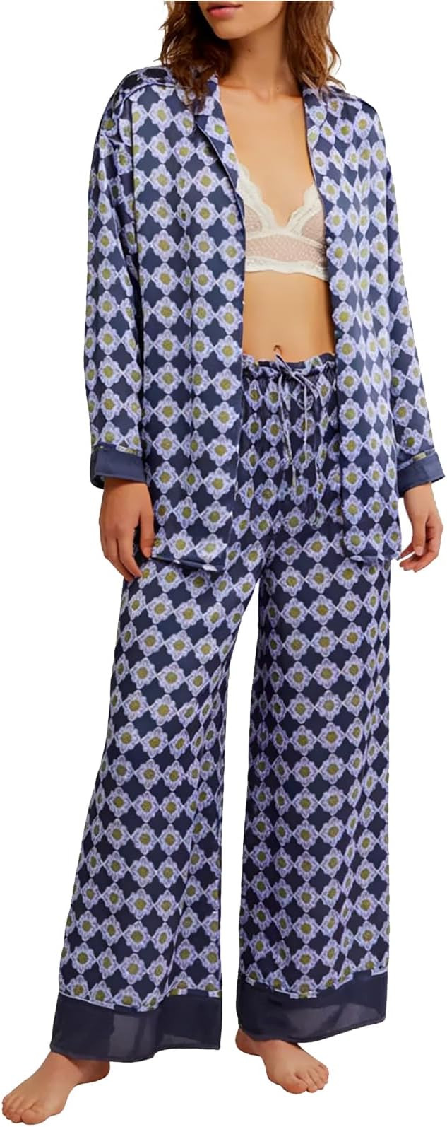 Women Satin Pajama Set Floral Silk Pajamas 2 Piece Lounge Sets Button Down Shirts Wide Leg Pants ... | Amazon (US)