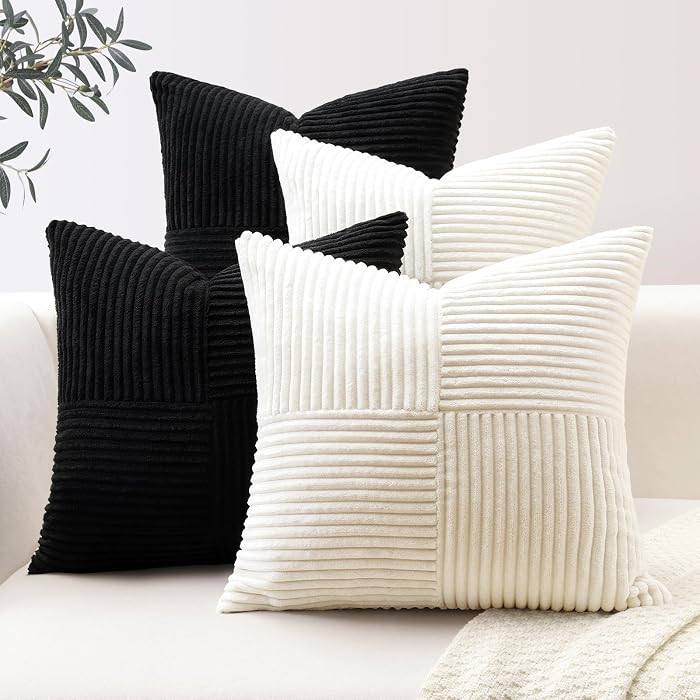 OTOSTAR Set of 4 Decorative Throw Pillow Covers 18x18 Inch Striped Corduroy Square Pillow Cases w... | Amazon (US)