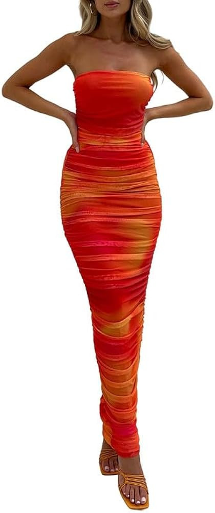 Women Tie Dye Print Bodycon Maxi Dress Y2k Strapless Tube Dress Backless Slim Fit Long Dress Nigh... | Amazon (US)