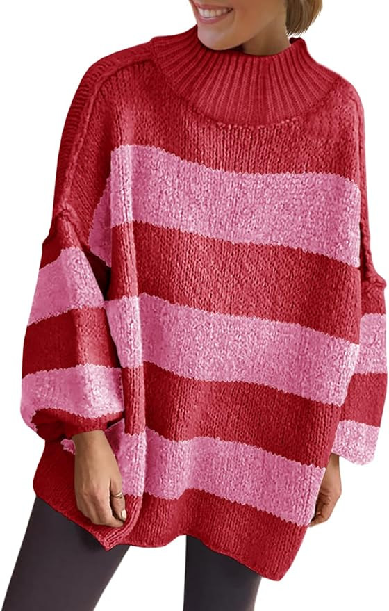 Saodimallsu Womens Oversized Striped Sweater Mock Neck Chunky Knit Lantern Long Sleeve Fall Trend... | Amazon (US)