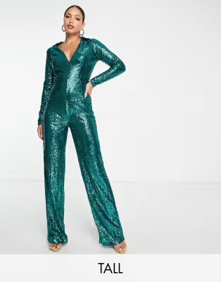 In The Style Tall exclusive sequin plunge front wide leg jumpsuit in green | ASOS (Global)