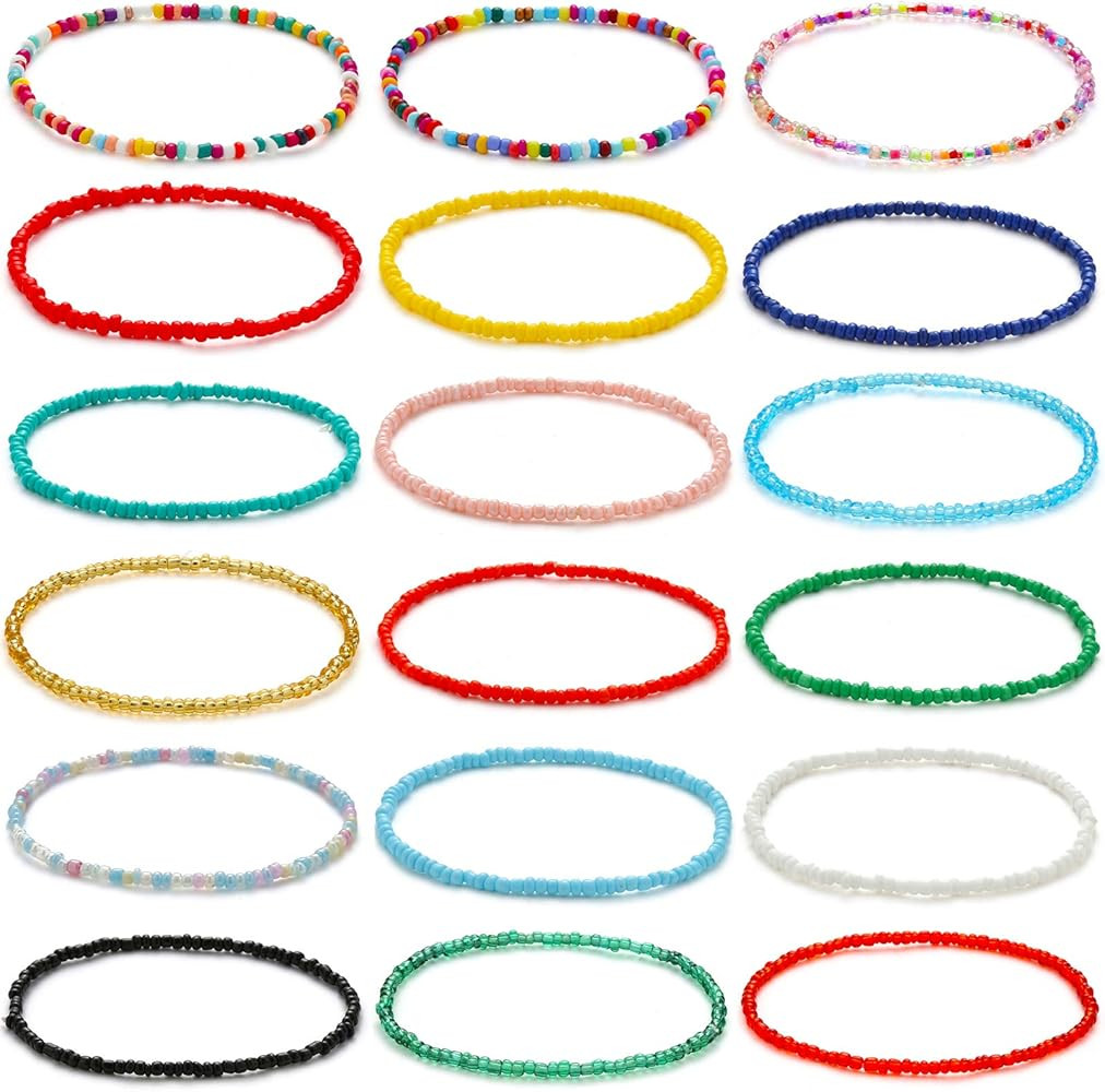 XIJIN 18 Pieces Elastic Beaded Anklets for Women Handmade Beach Boho Colorful Beads Ankle Bracele... | Amazon (US)