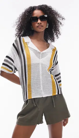 Topshop Stripe Open Stitch Polo Sweater | Nordstrom | Nordstrom