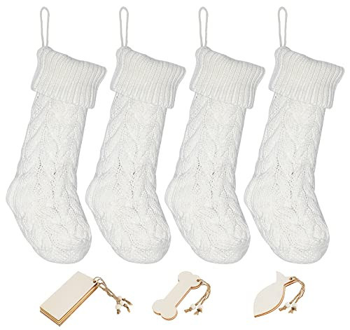 ABSOFINE Christmas Stockings White Knit Christmas Stockings 4 Pack Large Hanging Stockings Decoration (15 inch) | Amazon (US)