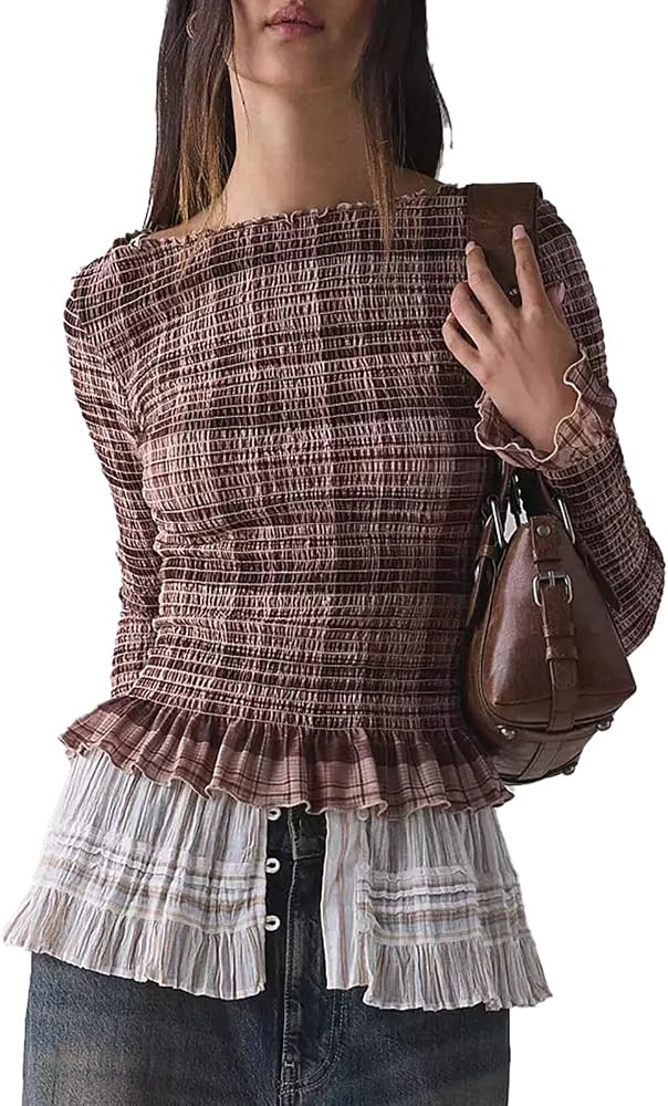 Womens Y2k Plaid Shirred Crop Tops Boat Neck Long Bell Sleeves Slim Fit Shirt Fall Ruffle Trim Ti... | Amazon (US)