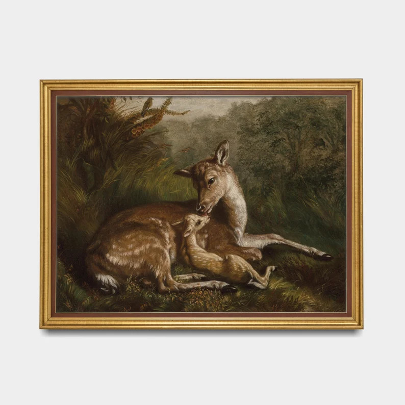 Print and Ship | Deer and Fawn Painting | Vintage Animal Print | Moody Rustic Artwork | Farmhouse... | Etsy (US)