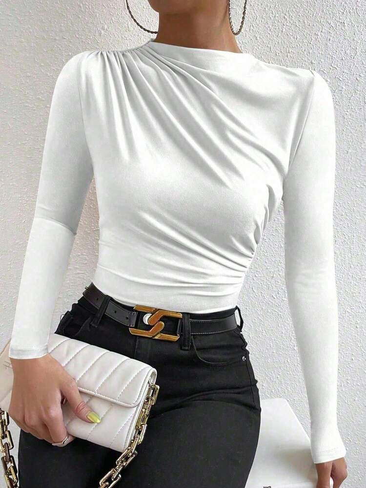 SHEIN PETITE 1pc Women Plain Draped Long Sleeve Stand Collar Fashion T-Shirt Fall Cloth For Women | SHEIN