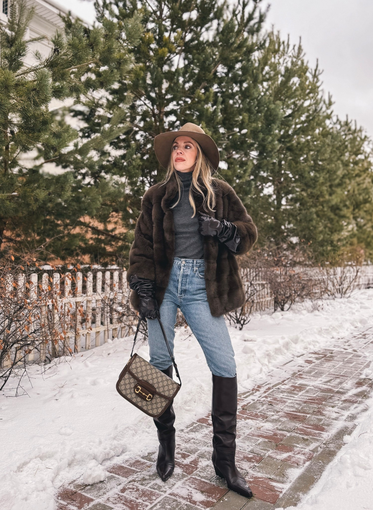 Short fur coat, fur coat with long leather gloves, brown wool hat, skinny jeans with tall boots, Paris Texas dark brown western boots 

#LTKSaleAlert #LTKOver40 #LTKSeasonal