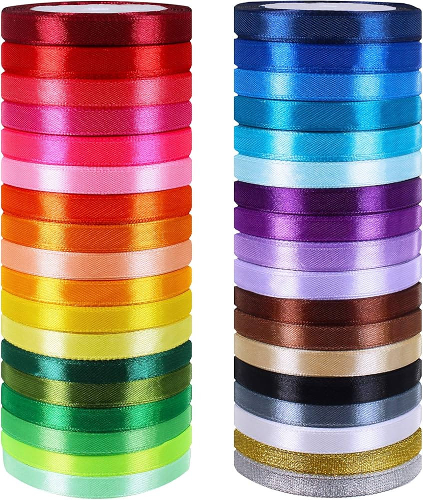 Winlyn 36 Colors 900 Yards Fabric Ribbons Satin Ribbons Metallic Glitter Ribbons Rolls Craft Ribb... | Amazon (US)