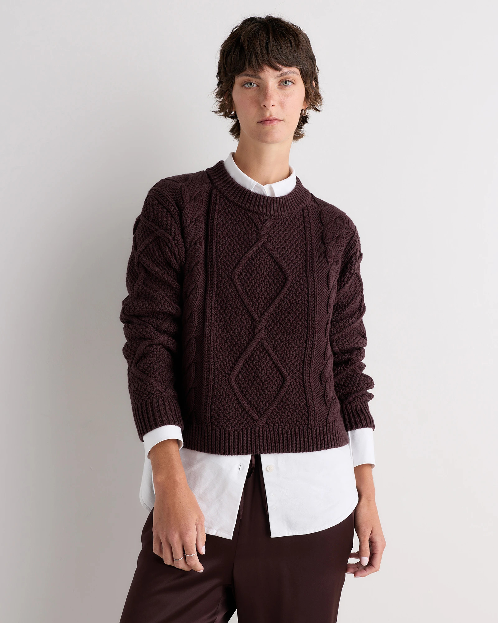 Quince | Women's Cropped Cable Crew Sweater in Dark Spruce, Size Large, Organic Cotton | Quince