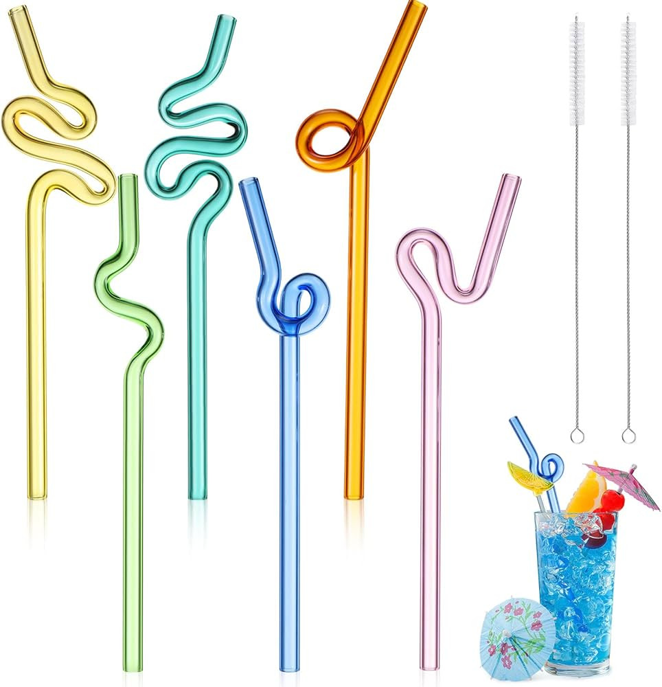 6 Pcs Wavy Glass Straw Reusable Curved Silly Glass Straws Shatter Resistant with 2 Cleaning Brush... | Amazon (US)