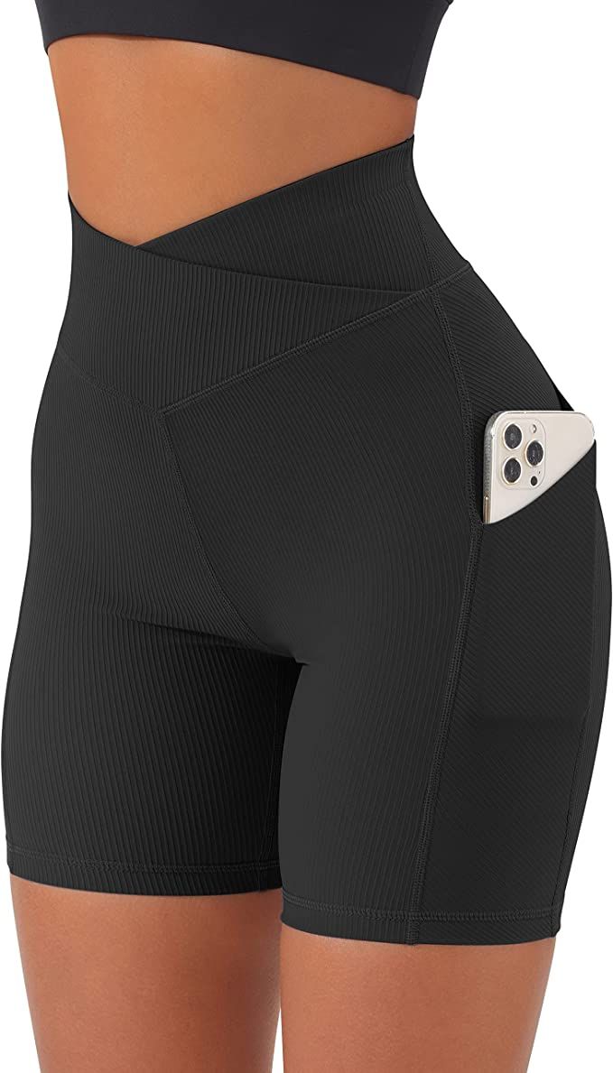 OMKAGI Women Cross Waist Workout Shorts with Pocket 5" Booty High Waisted Shorts | Amazon (US)