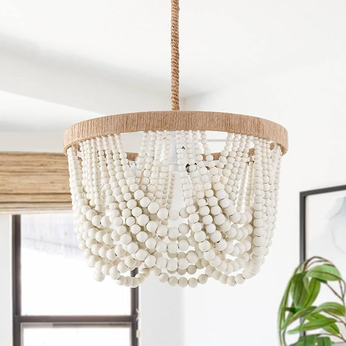 VILUXY Bohemia Wood Beaded Pendant Lights Antique Rustic Mini Chandelier White Finishing for Bedr... | Amazon (US)
