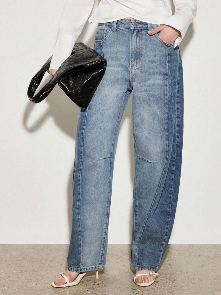 AiiRZ High Waisted Two Tone Barrel Leg Jeans | SHEIN