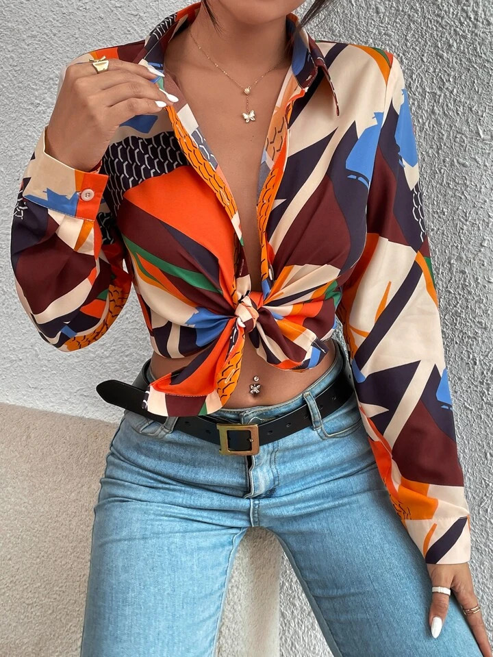 SHEIN Privé Geo Print Color Block Shirt | SHEIN