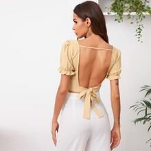 Square Neck Tie Backless Ruffle Cuff Top | SHEIN