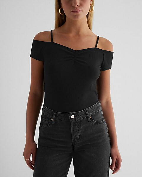 Ribbed Off The Shoulder Ruched Front Top | Express