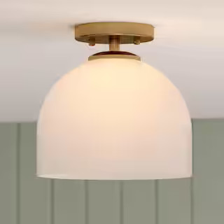 Shelby 9.25 in. W Gold Brass Transitional Semi Flush Mount Ceiling Light White Glass | The Home Depot