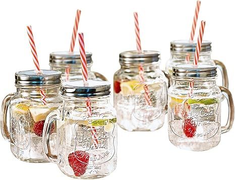 Estilo Mason Jar Mugs with Handle and Straws Old Fashioned Drinking Glass Set 6, 16 oz Each | Amazon (US)