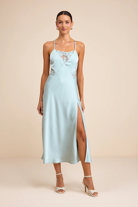 Luetta Pale Blue Satin Lace Slip Midi Dress | Lulus