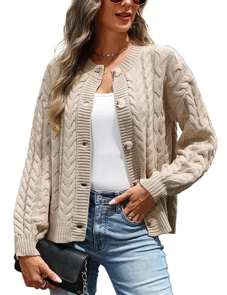 VIMPUNEC Fall Cardigan Sweaters for Women Casual Cable Knit Button Down Jackets Long Sleeve Open ... | Amazon (US)