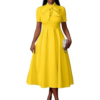 Memoriesea Women's Elegant Casual Short Sleeve Work Party A-Line Dress with Pockets | Amazon (US)