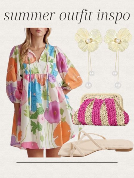 Amazon summer outfit inspo, casual outfit, mini dress, floral print dress, Free People look for less, flower earrings, straw clutch, handbag, sandals  

#LTKFindsUnder50 #LTKShoeCrush #LTKItBag