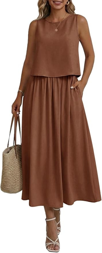 Wenrine Womens Summer 2 Piece Skirt Sets Casual Sleeveless Tank Tops Loose Elastic Waist Maxi Ski... | Amazon (US)