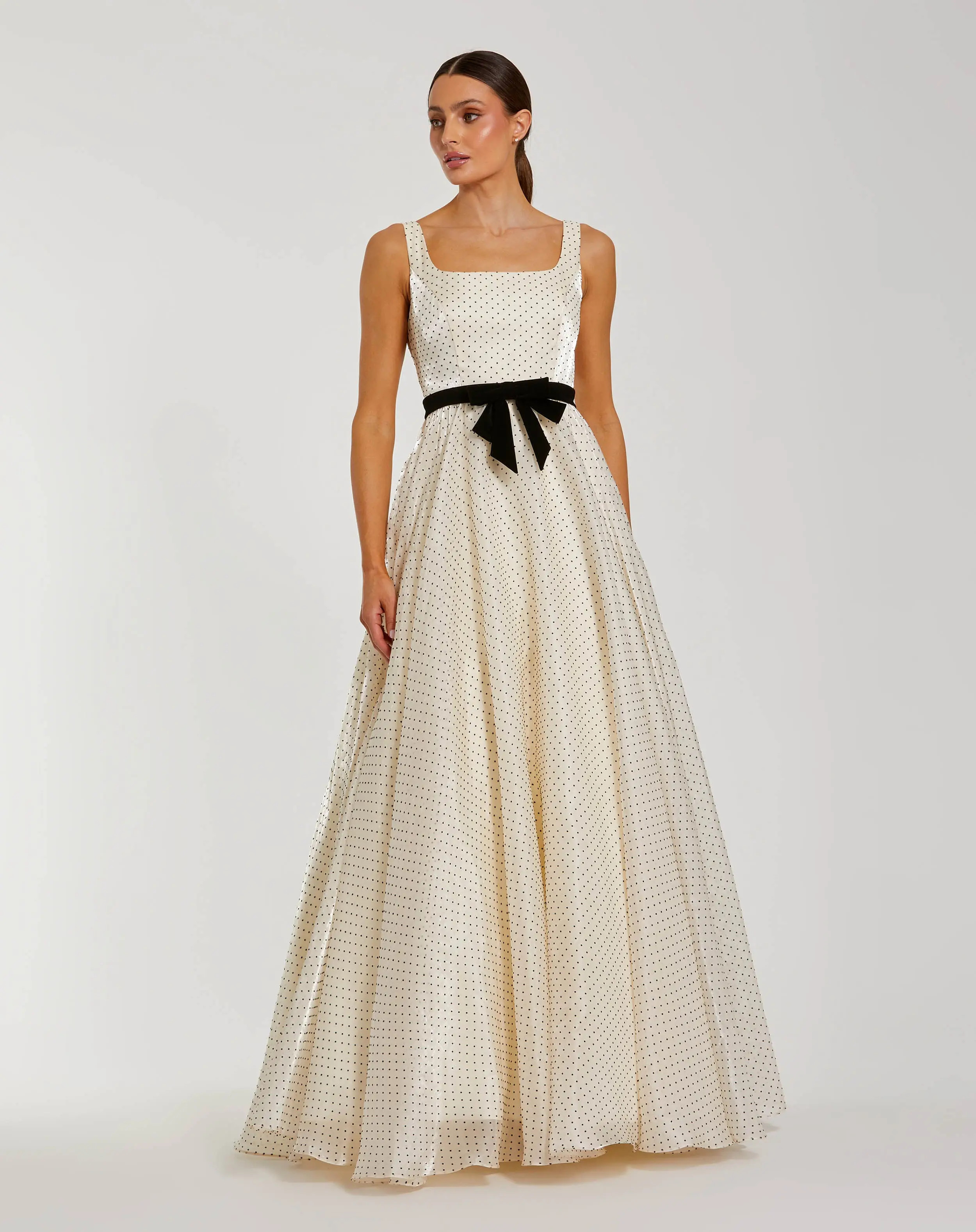 Ivory Polka Dot Square Neck Ball Gown With Bow | Mac Duggal | Mac Duggal