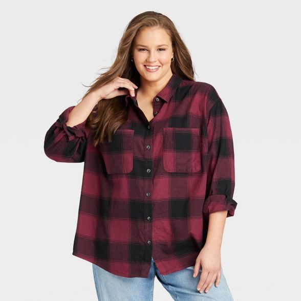 Women's Plus Size Plaid Long Sleeve Button-Down Flannel Tunic Top - Ava & Viv™ | Target