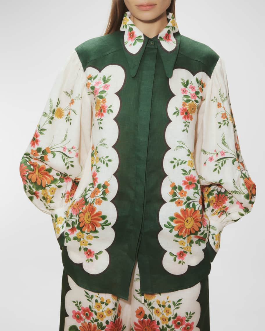 Elisabetta Floral Linen Point-Collar Shirt | Neiman Marcus