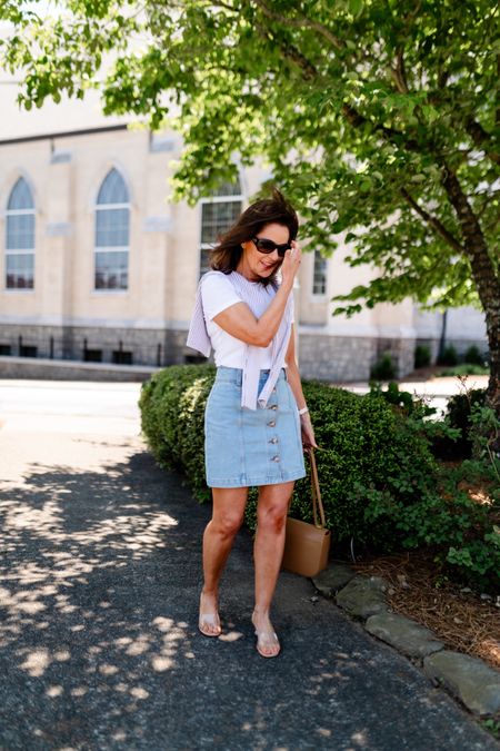 Petite friendly denim skirt from Sezane.  Wearing size 2.  Runs TTS.

The sandal that goes with everything all summer long.

#ltkpetite #petite

#LTKshoecrush #LTKover40 #LTKstyletip