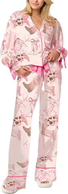 Thopavenoir Valentine's Day Bow Tie Pajamas Set for Women Tie up Long Sleeve Heart Printing Shirt... | Amazon (US)